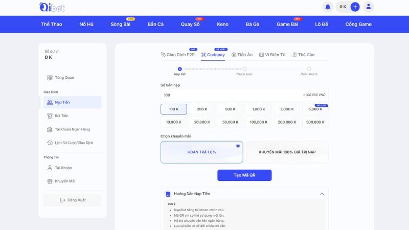 Nạp tiền Qibet thông qua Codepay