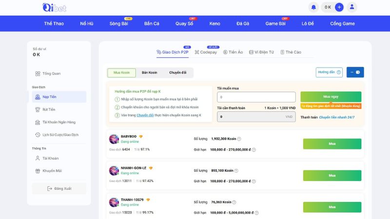 Các bước nạp tiền Qibet P2P